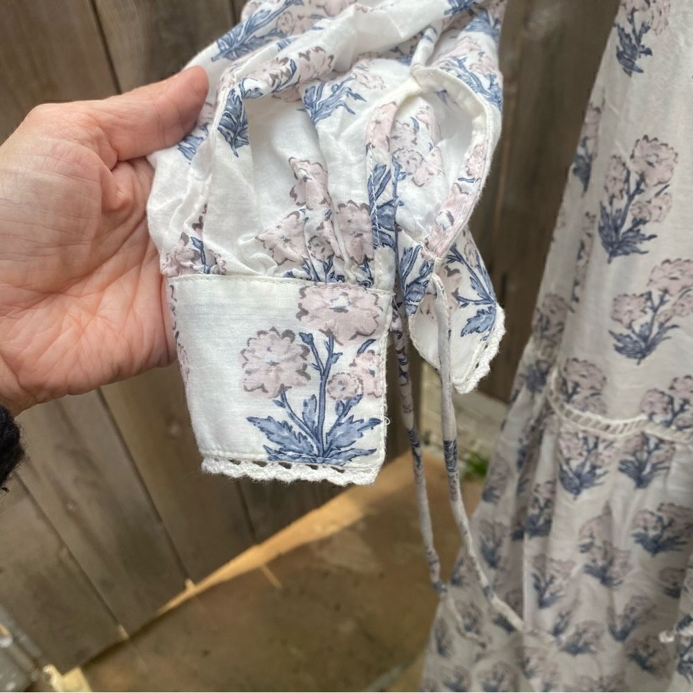 Zara Maxi Dress Block Print Boho Flowy Long Sleeves Floral Cream Blue Pink S - Picture 15 of 16